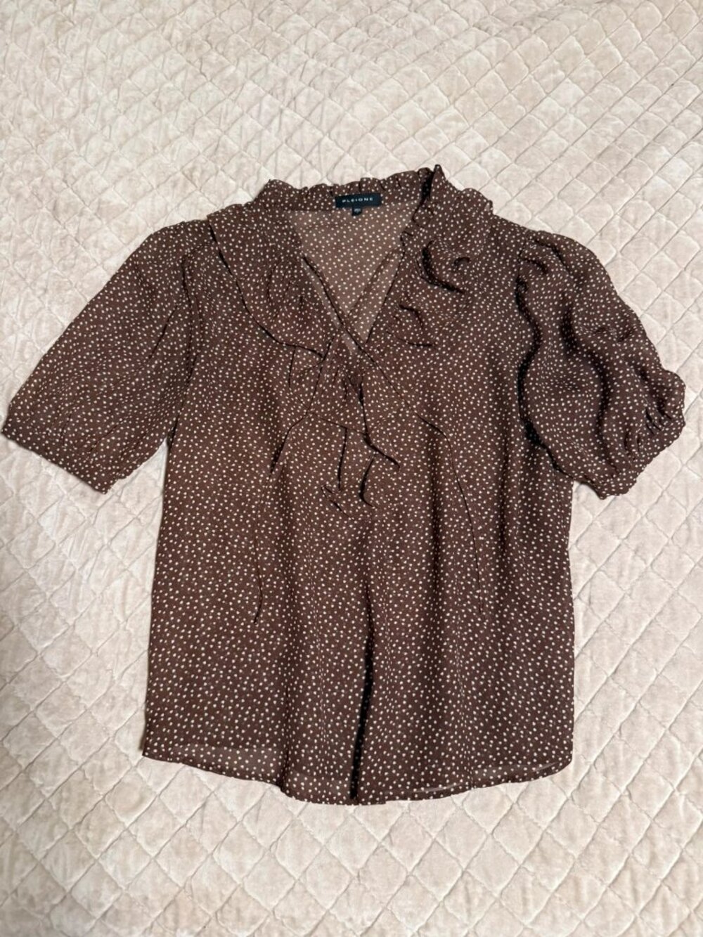 Pleione Brown Heart Polka Dot Ruffle Front Puff Sleeve Blouse S